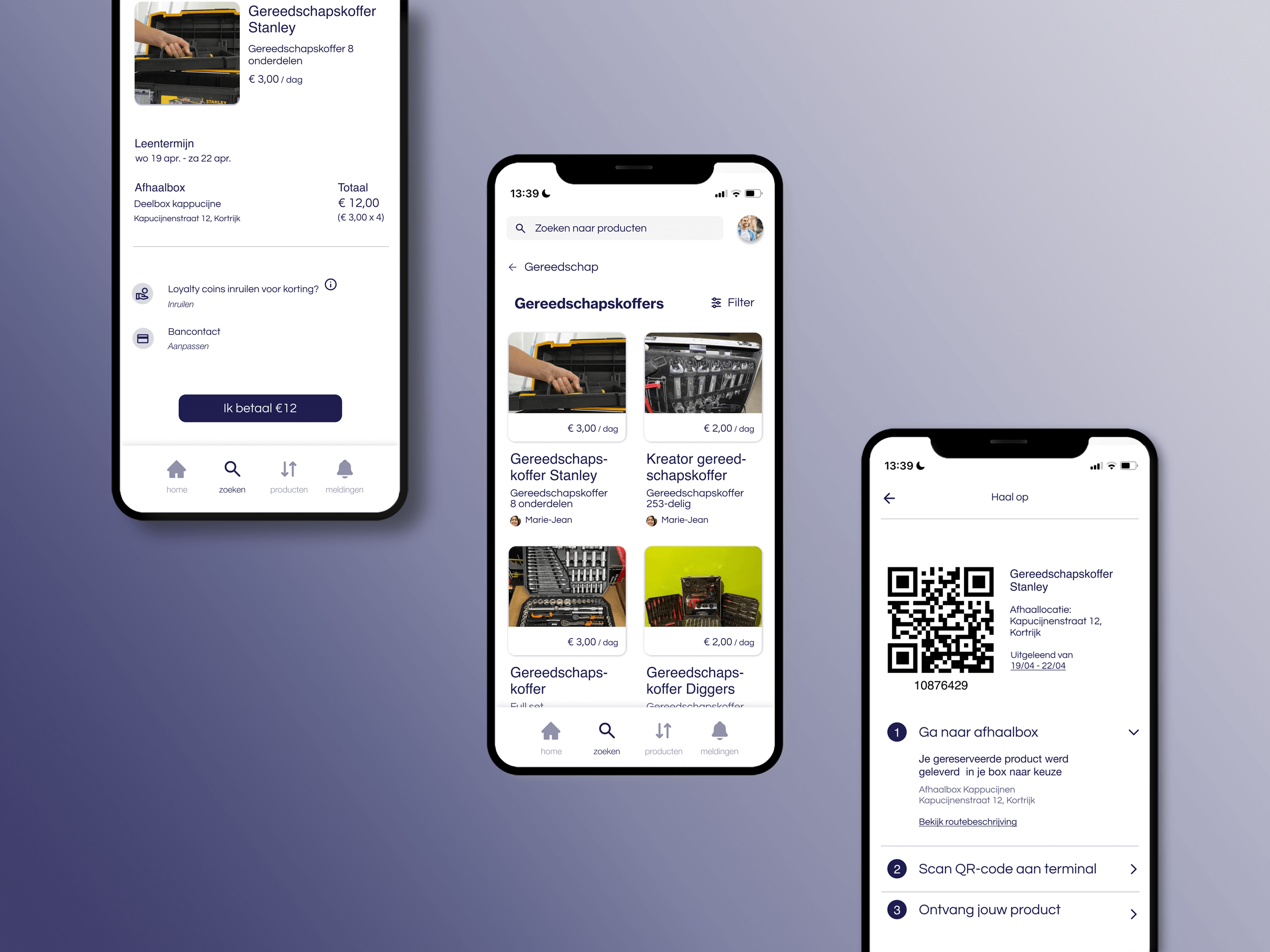 Drie schermen van box next door in mockup van smartphone