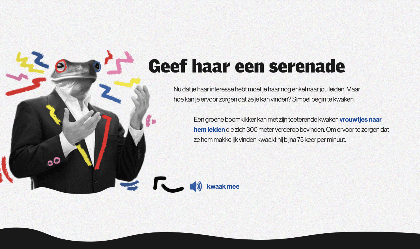 beeld van kikkerhofd op mensenlichaam dat aan het zingen is
