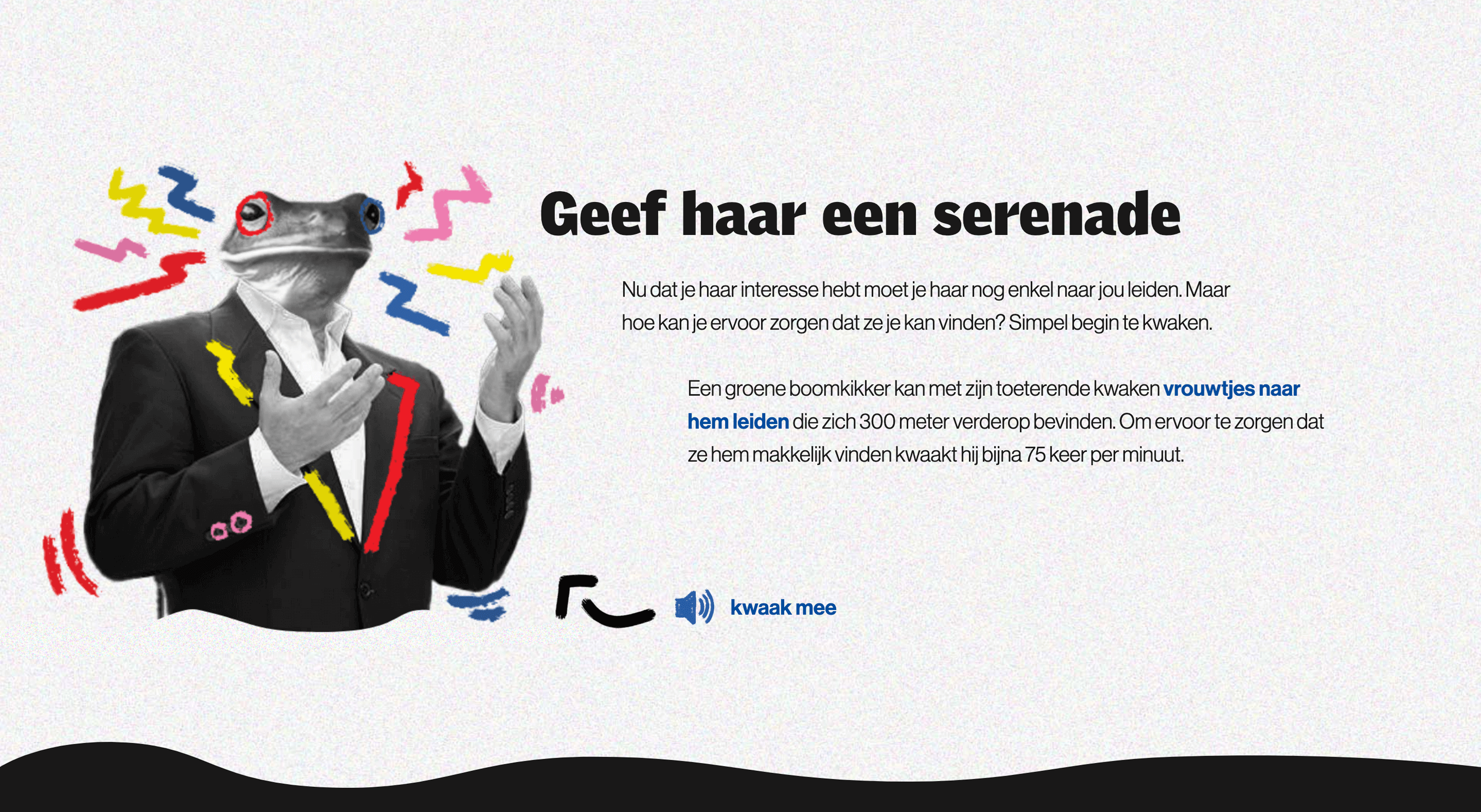 Beeld geef haar een serenade, met kikkerhoofd op mensenlichaam die aan het zingen is